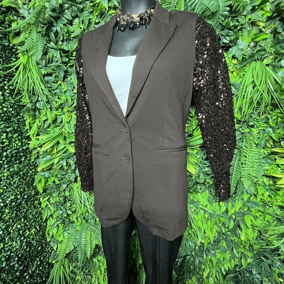 Diane Gilman Women Jacket Medium Brown Sequin Sleeve Blazer Relaxed Fit DG2 - Picture 6 of 11